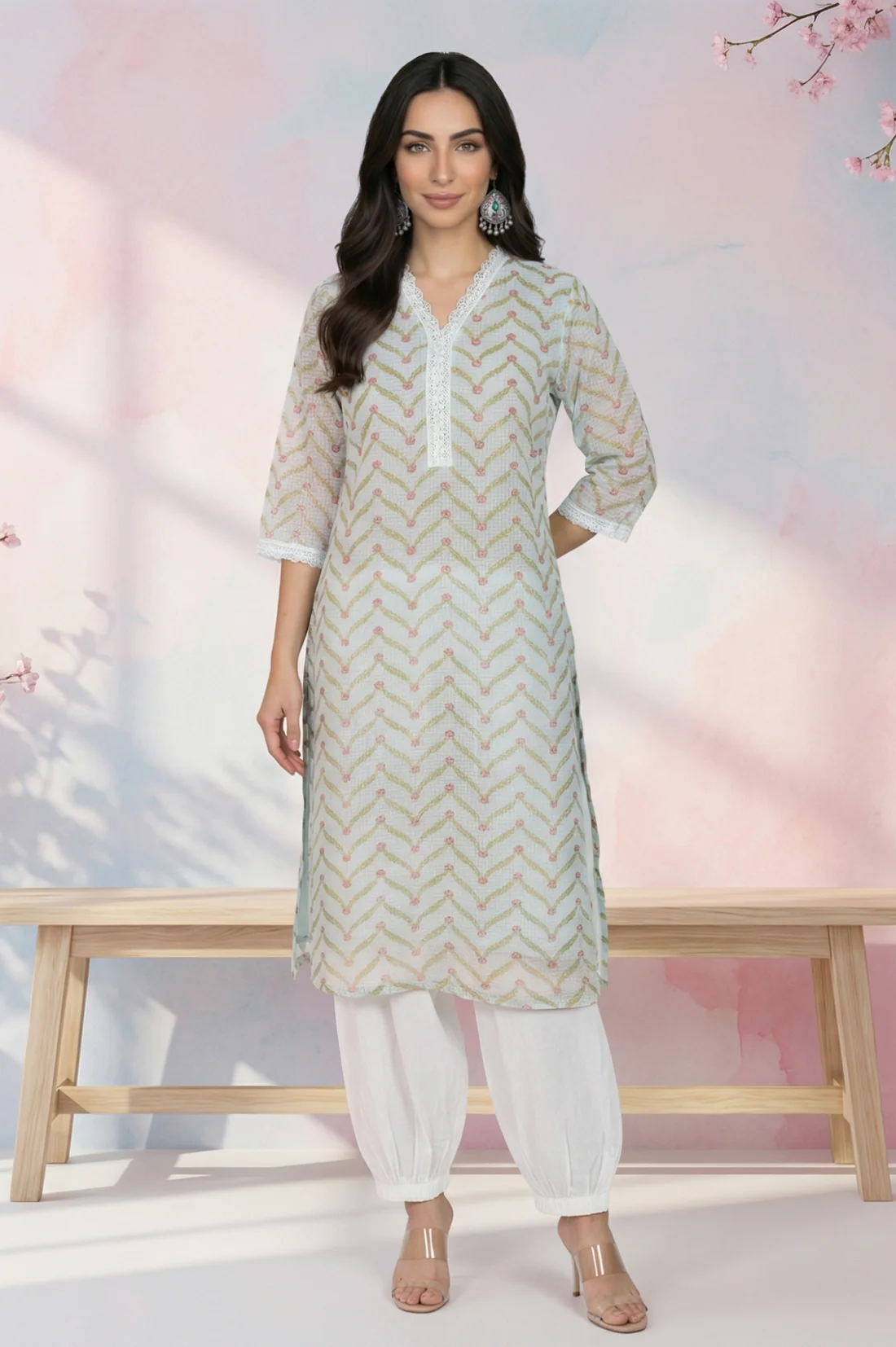 Mint Green Chevron Printed Kota Straight Kurta